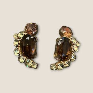 Vintage Estate Clip-On Earrings With Brown & light yellow Rhinestones